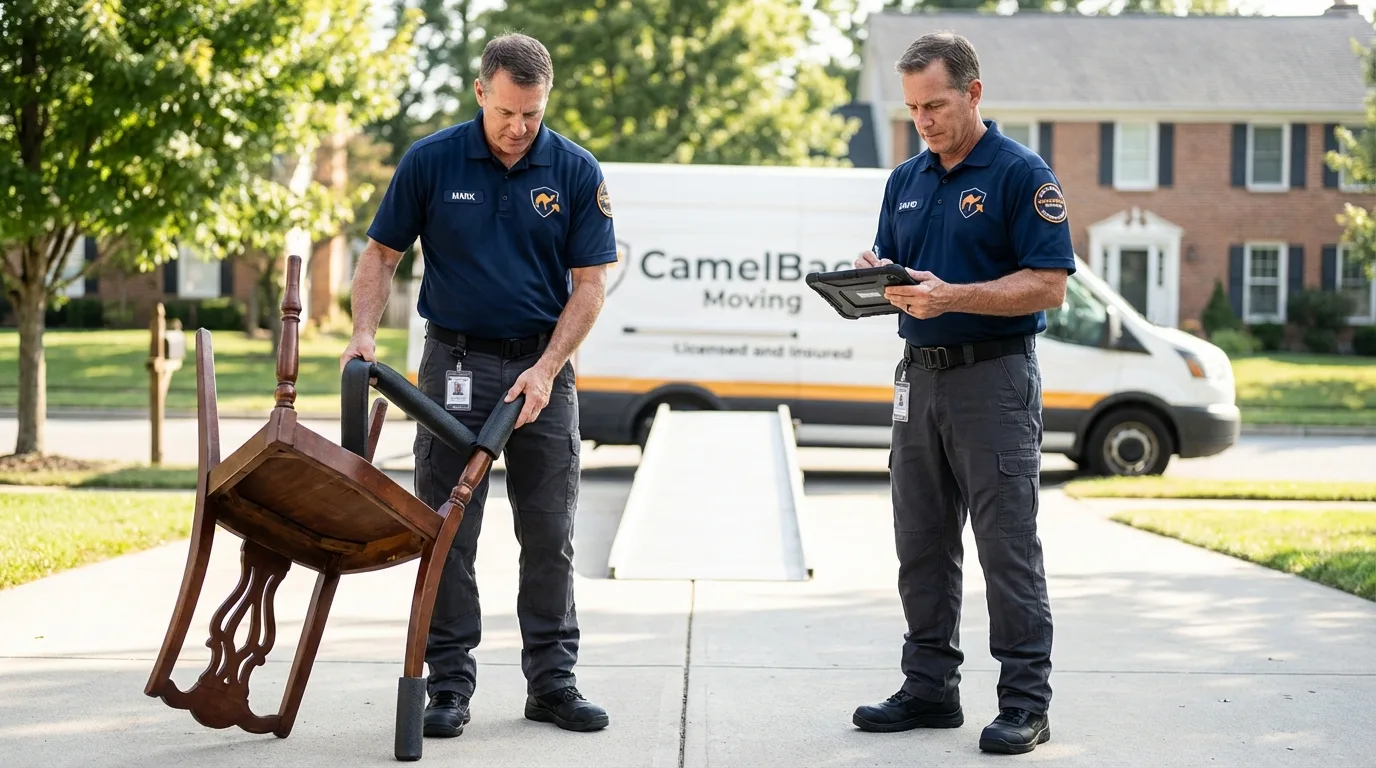 Movers inspecting furniture for damage prevention before loading in Chesaning, MI