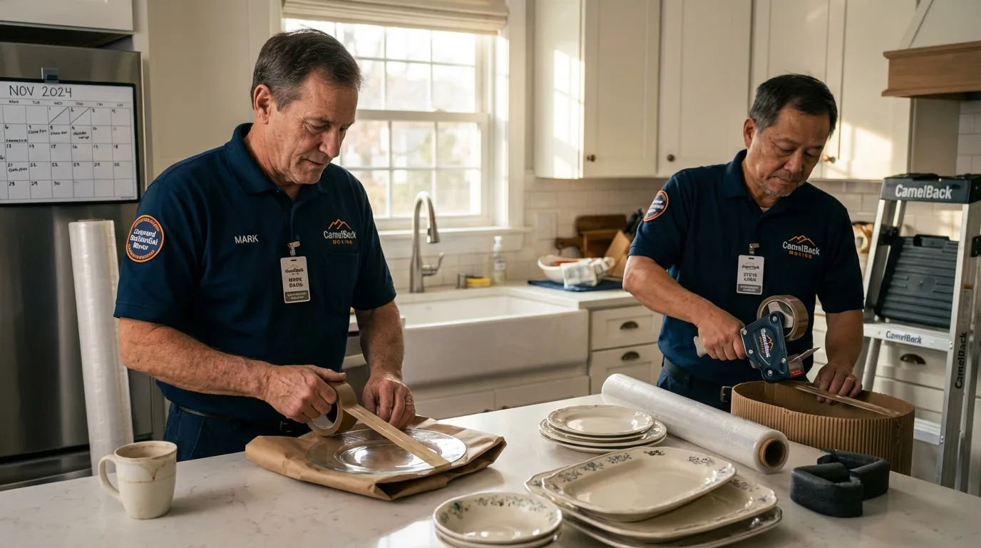 Professional crew packing kitchen dishware in Chesaning, MI